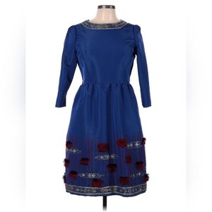 Oscar de la Renta USA Sequin Embroidered 100% Silk A-Line Dress Royal Blue SZ 10